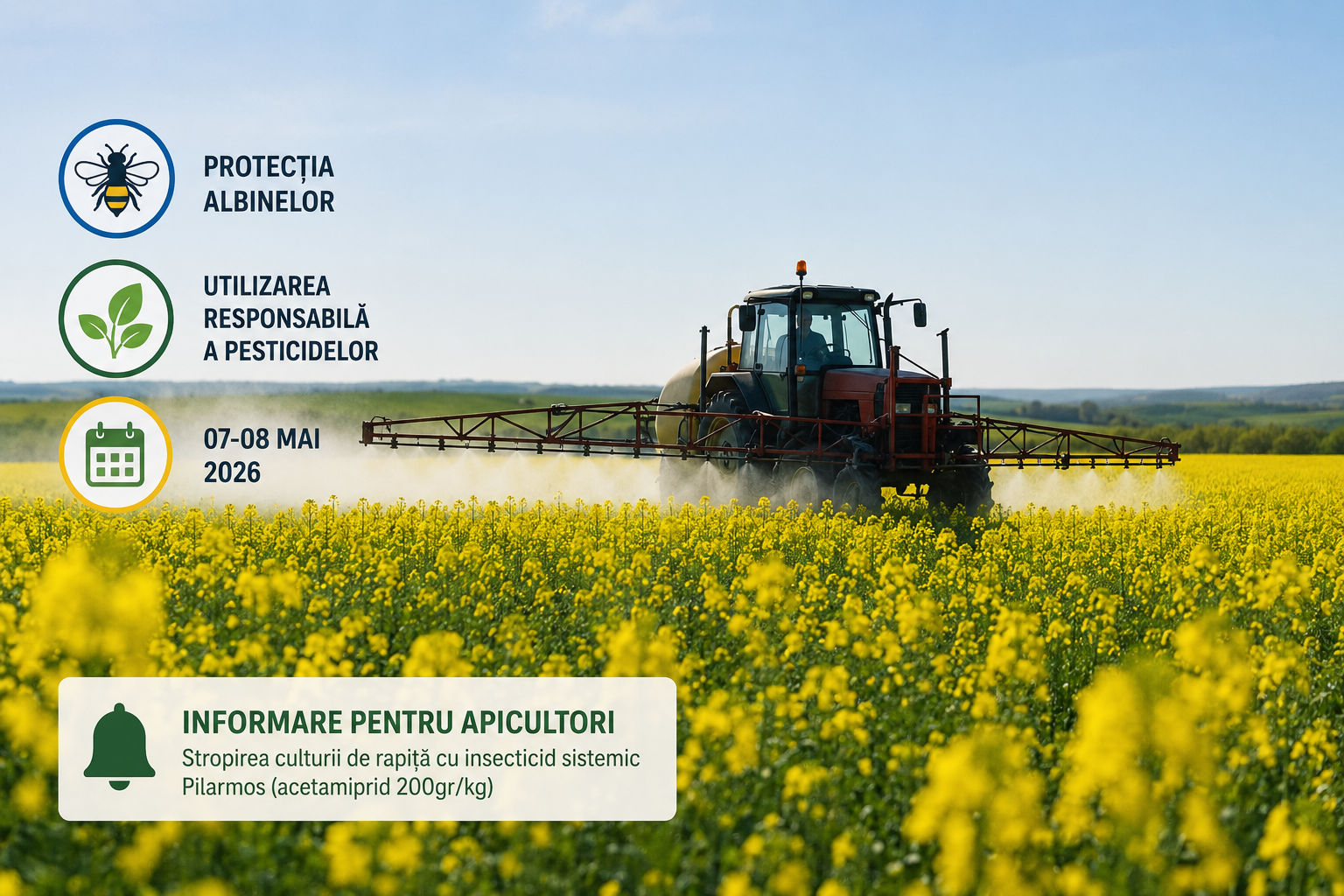 SRL “Agromais” informează pe 07-08 mai 2026 va stropi cultura de rapiță cu insecticid sistemic